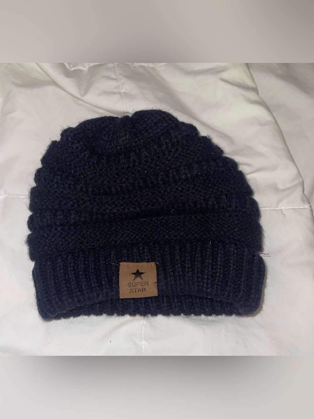 Super Star Knit Beanie - Blue with Leather Logo